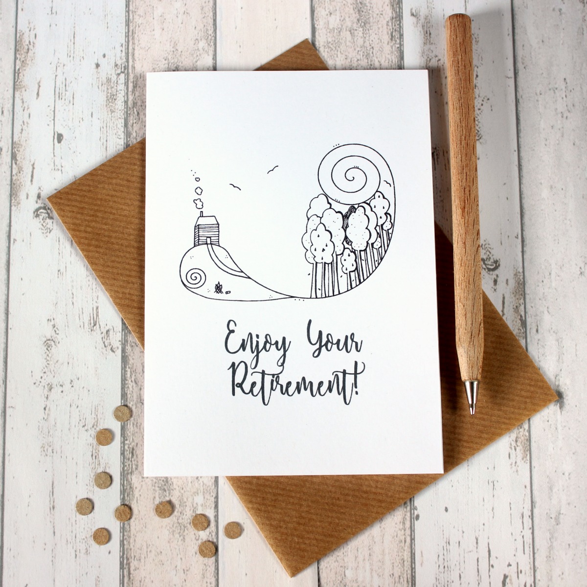 Enjoy Your Retirement, Cabin In The Woods, Illustrated Retirement Card